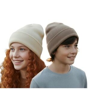 Upcycled Kids 2-pack Merino Wool Beanie Hat Cream Taupe Soft Warm Breathable